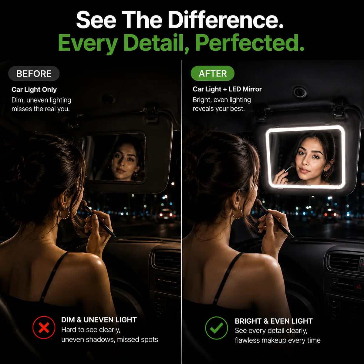 GlowMate™ – Touch LED Car Mirror | 3 Light Modes | Touch-Up On the Go