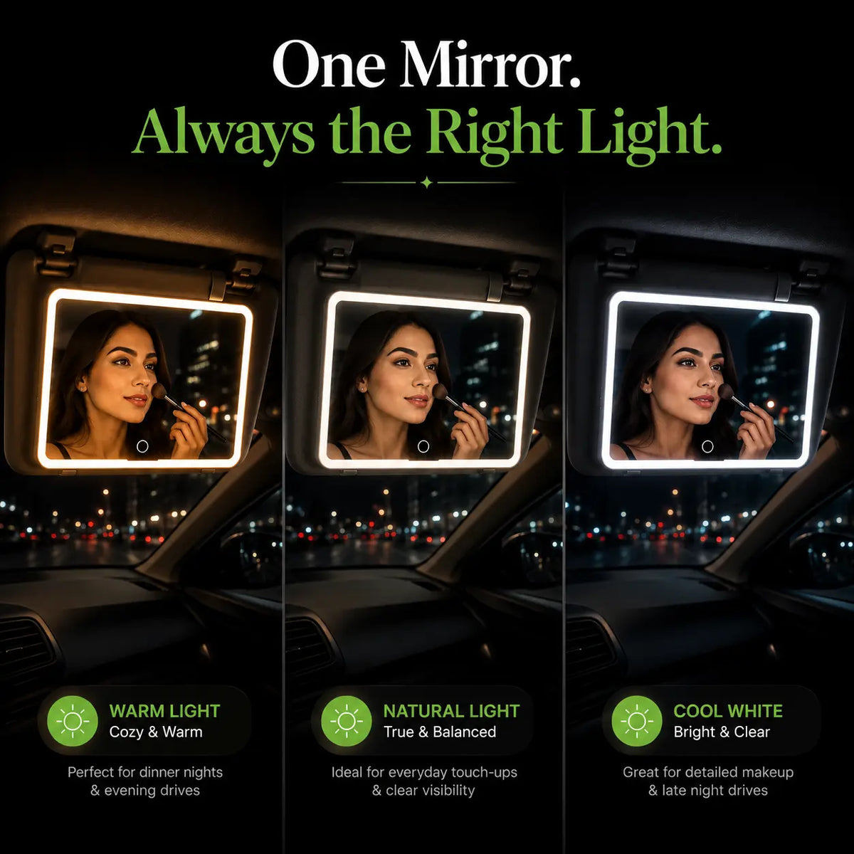 GlowMate™ – Touch LED Car Mirror | 3 Light Modes | Touch-Up On the Go