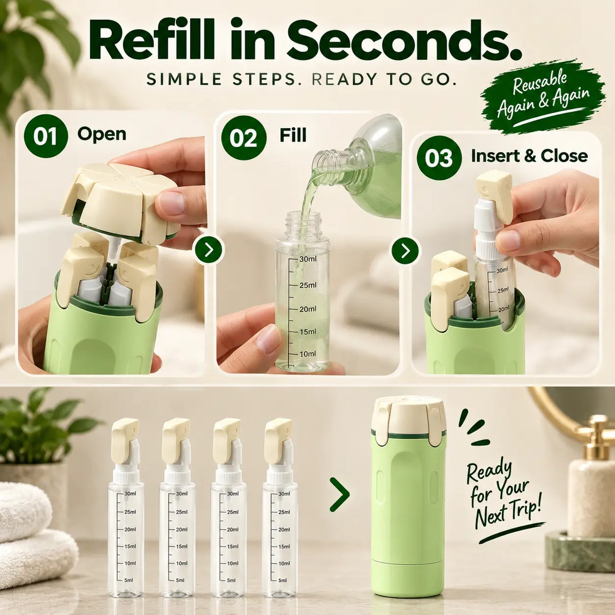 TravelMate™ – 4-in-1 Essentials Travel Bottle | Leak-Proof | Space Saving