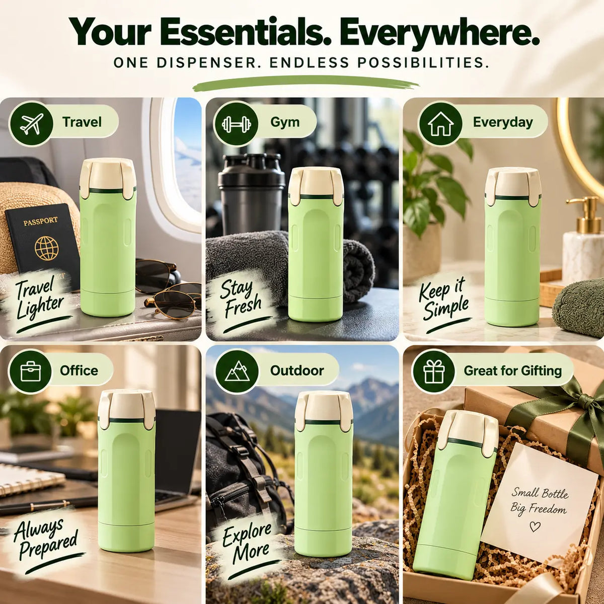 TravelMate™ – 4-in-1 Essentials Travel Bottle | Leak-Proof | Space Saving