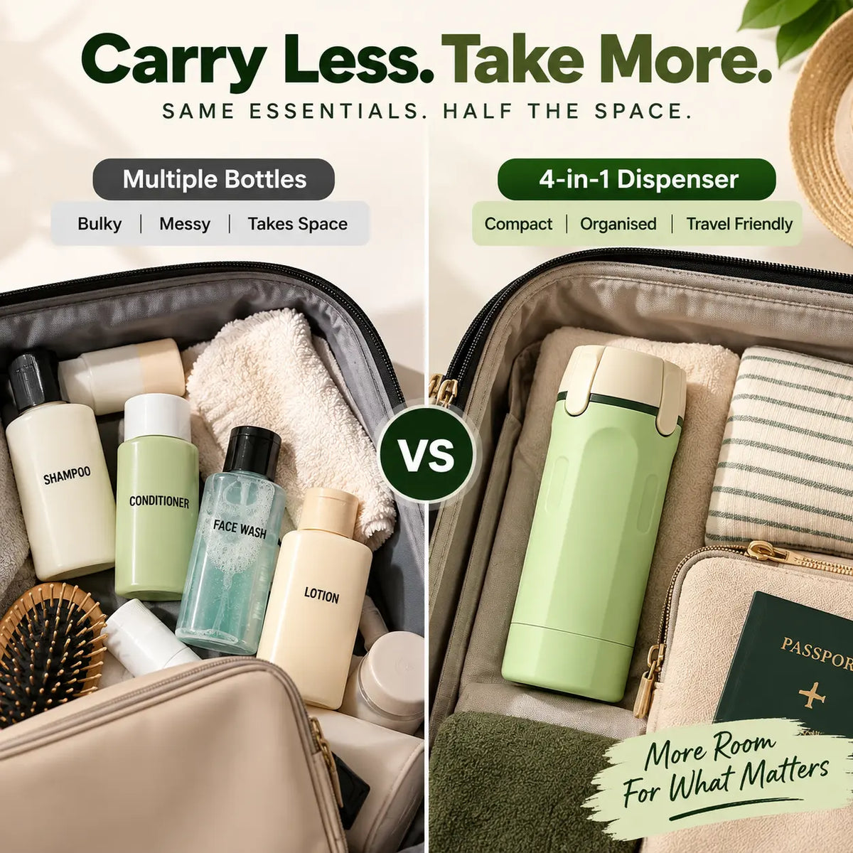 TravelMate™ – 4-in-1 Essentials Travel Bottle | Leak-Proof | Space Saving