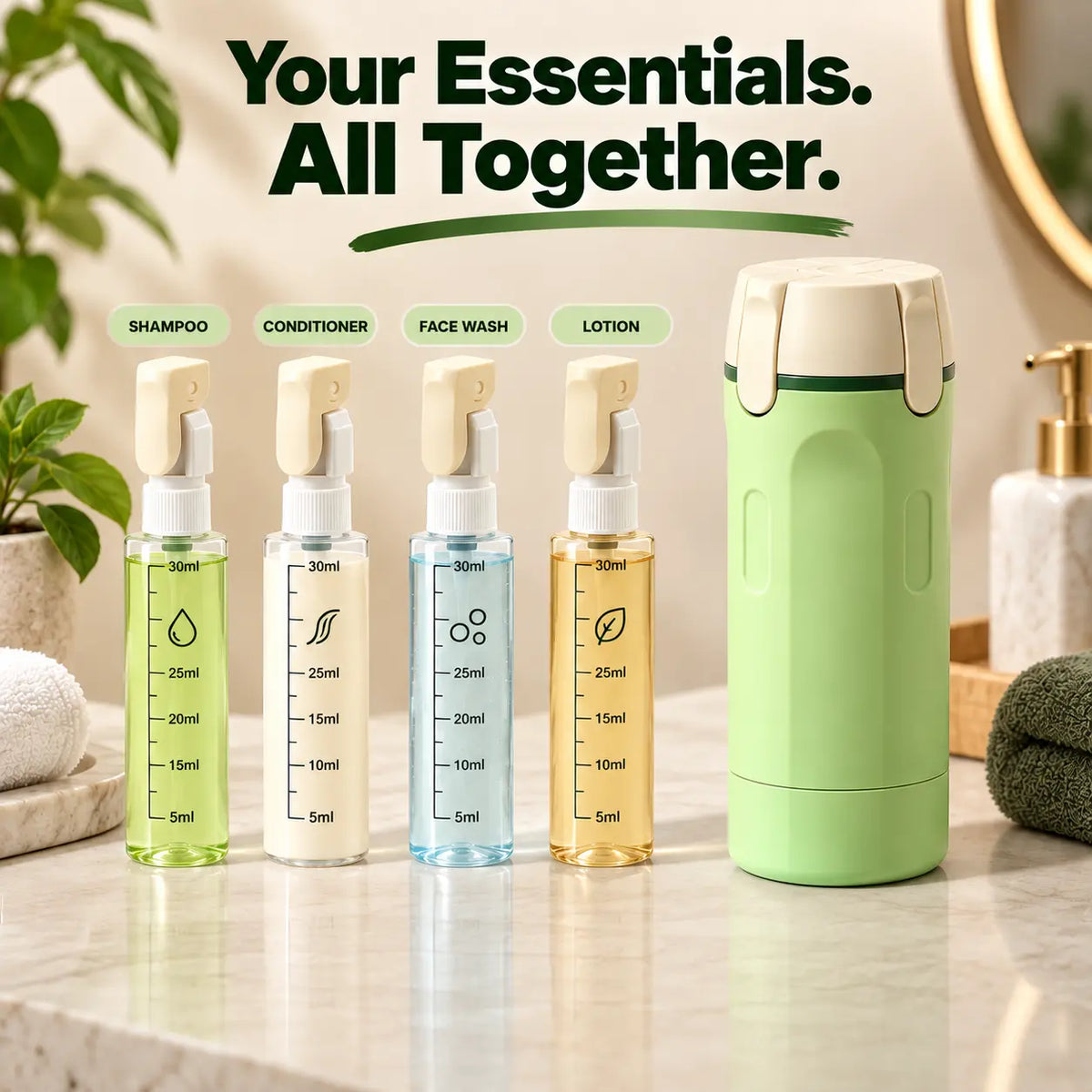 TravelMate™ – 4-in-1 Essentials Travel Bottle | Leak-Proof | Space Saving