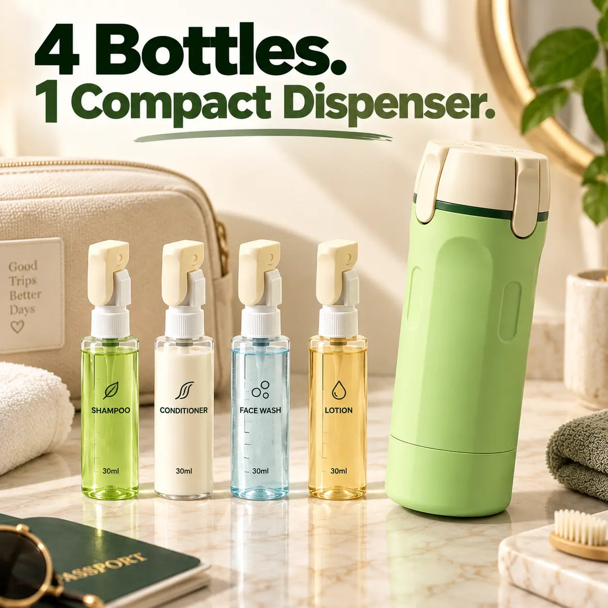 TravelMate™ – 4-in-1 Essentials Travel Bottle | Leak-Proof | Space Saving
