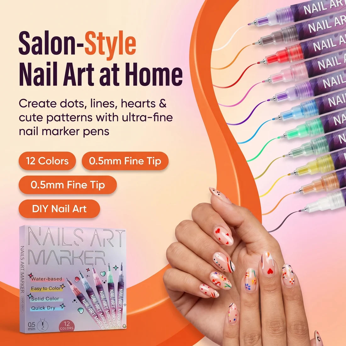 NailDoodle™ – 12 Color Nail Art Market Pens | DIY Nail Design | Salon-Style Nails in Minutes